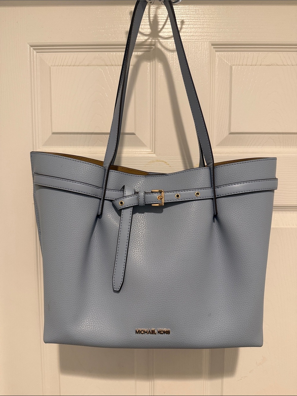Michael Kors Periwinkle Blue Pebbled Leather Tote with Belt Detail